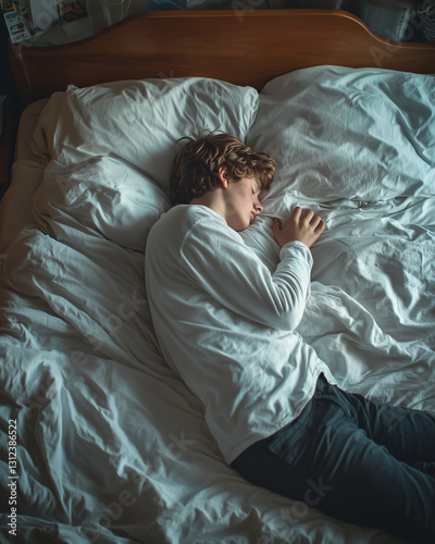Serene moments of a teenage boy resting peacefully in soft sheets