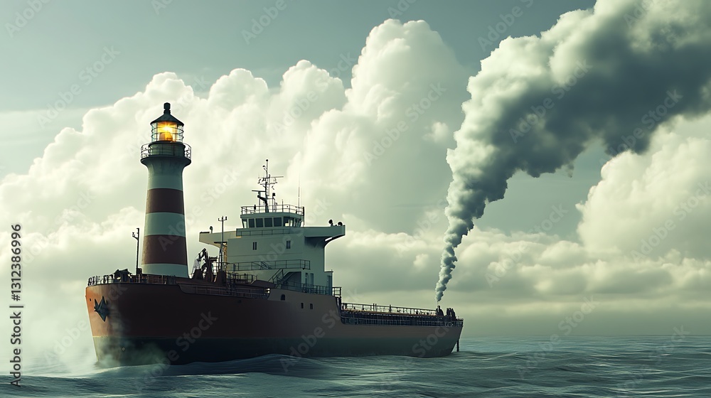 Obraz premium A cargo ship passing a lighthouse