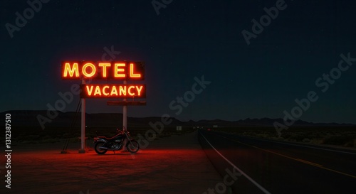 Vintage Motel Vacancy Sign Lit Up at Night with Motorcycle