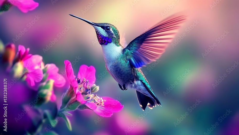 Fototapeta premium Artistic shot of a hummingbird gracefully flying near pink flowers showcasing vibrant colors and soft light : Generative AI