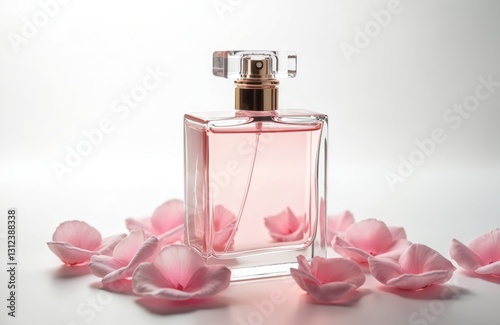 Elegant pink perfume bottle surrounded by flower petals. Beauty cosmetic fragrance spray, luxury scent for women. Aroma fashion perfumery object, cologne container, isolated on white background for