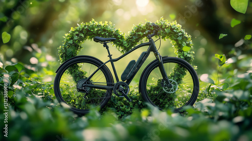 Celebrate green living with an electric bicycle surrounded by nature's heart
