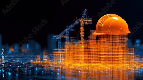Digital Construction: Innovative Building Design with Crane and Helmet
