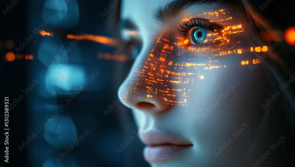 Fototapeta premium Futuristic Portrait of a Young Woman with Technological Data Overlay and Bright Blue Eye : Generative AI