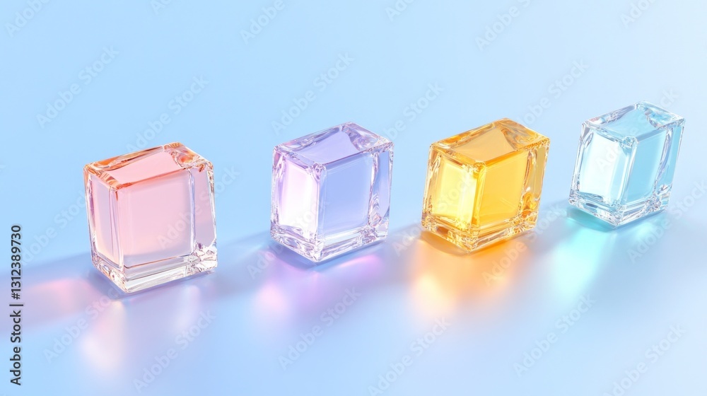 Pastel Colored Cubes: A vibrant display of translucent cubes in soft pastel shades, arranged on a light blue background. Pastel Colored Cubes: A vibrant display of translucent cubes in soft pastel shades, arranged on a light blue background.