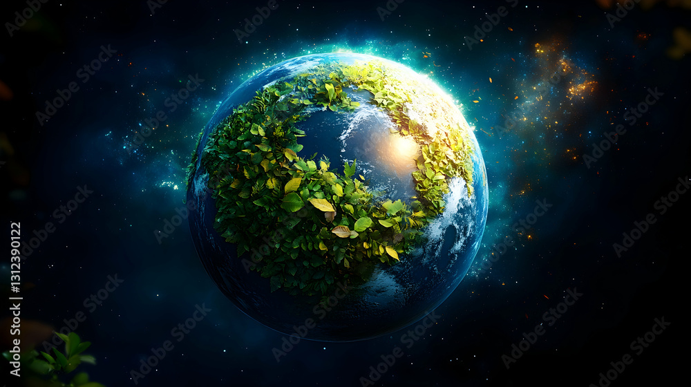 Lush green planet Earth in space, glowing with life. Lush green planet Earth in space, glowing with life.