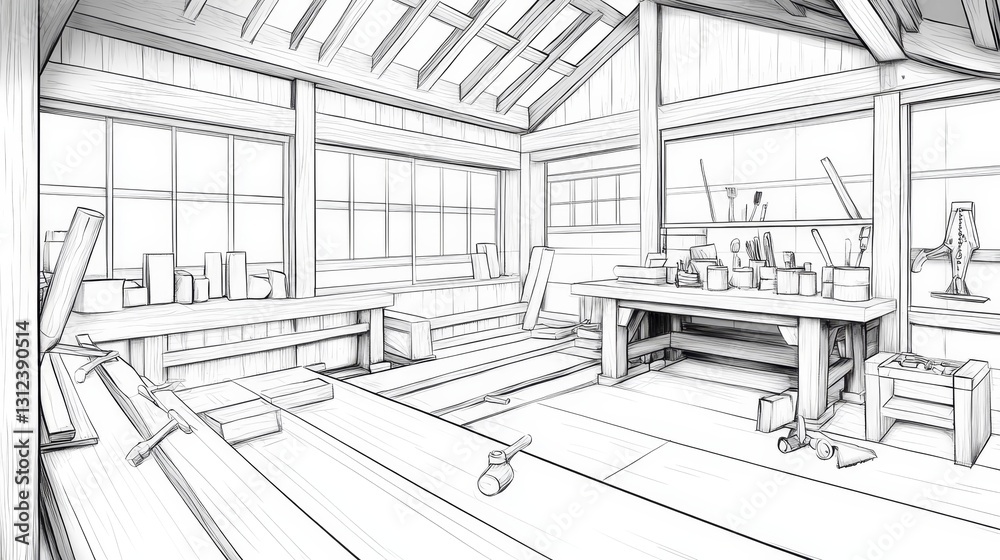 Japanese Carpenter's Workshop Sketch - A detailed sketch of a traditional Japanese carpentry workshop, symbolizing craftsmanship, precision, natural materials, heritage, and dedication Japanese Carpenter's Workshop Sketch - A detailed sketch of a traditional Japanese carpentry workshop, symbolizing craftsmanship, precision, natural materials, heritage, and dedication