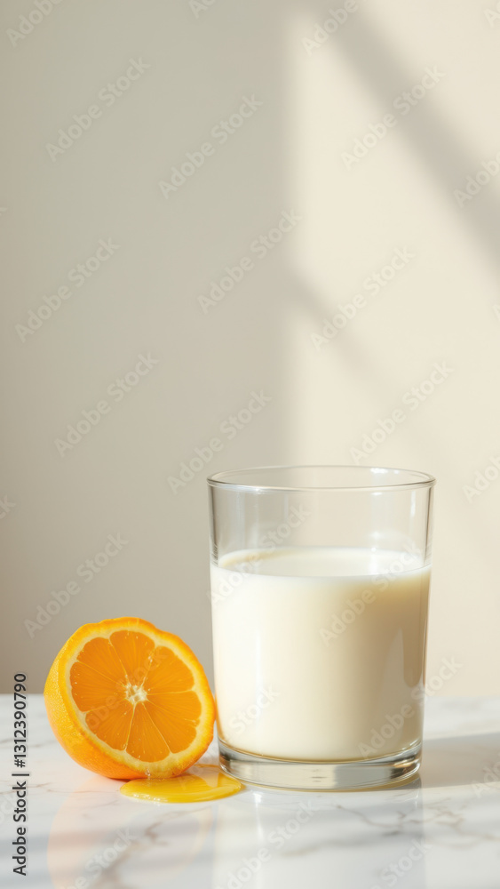 A glass of fresh milk with a sliced orange.