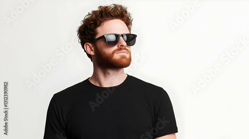 Portrait of a Man with Red Curly Hair and Beard Wearing Black Sunglasses