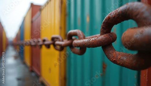 Rusty chain links in front of colored shipping containers. Image may illustrate economic sanctions, trade restrictions, global trade war supply chain disruptions. Maritime business logistics concept.