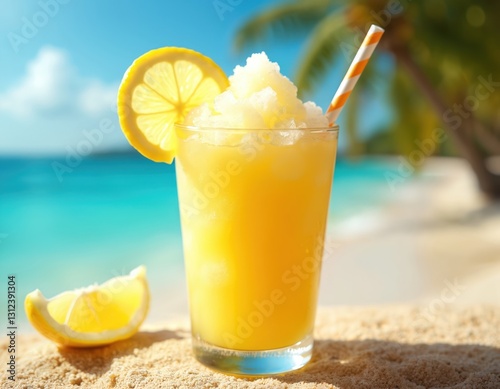 Lemonade slush on sandy beach with slice of lemon. Summer drink with straw. Refreshing beverage to quench thirst on hot sunny day, holiday vacation resort detox.