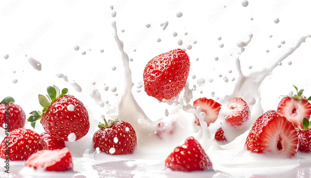 Strawberries and splashes of milk or yogurt in the air on a white background Strawberries and splashes of milk or yogurt in the air on a white background