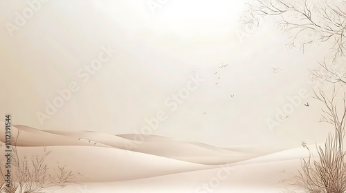 Serene desert landscape with subtle, minimalist line art of plants and trees, soft lighting