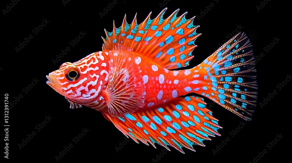 Fototapeta premium Red And Blue Spotted Fish On Black Background