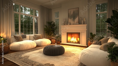 A cozy living room with fireplace and comfortable furniture