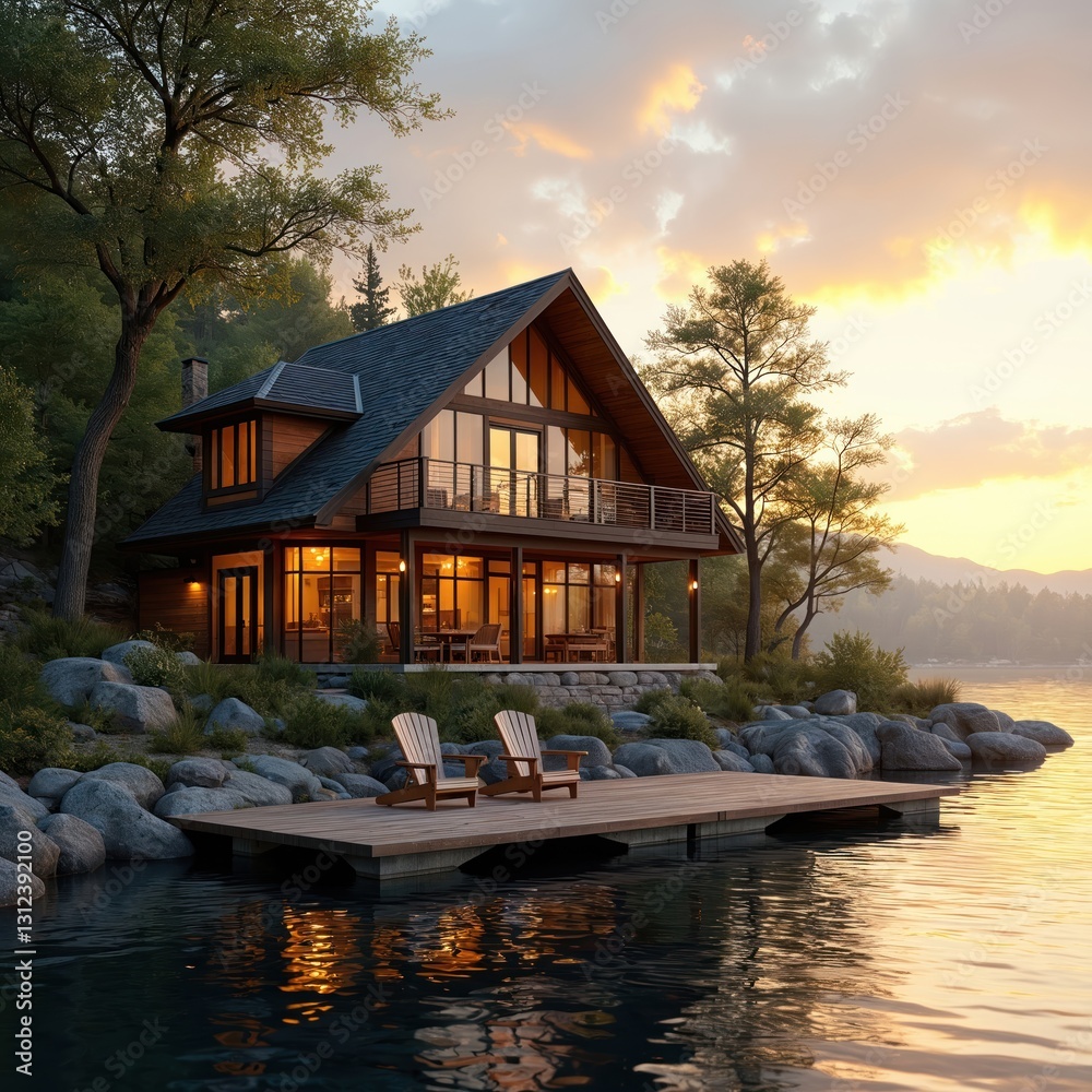 Obraz premium Lake house on water with natural tree landscaping. Lakeside cabin concept. Wooden dock with chairs. Luxury home architecture in quiet place with water reflections on sunset.
