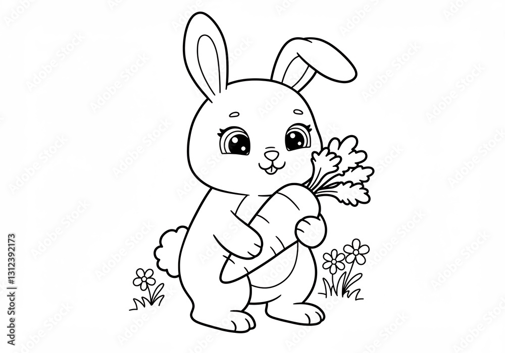 Obraz premium Adorable bunny happily holds large carrot simple line drawing. AI Generated