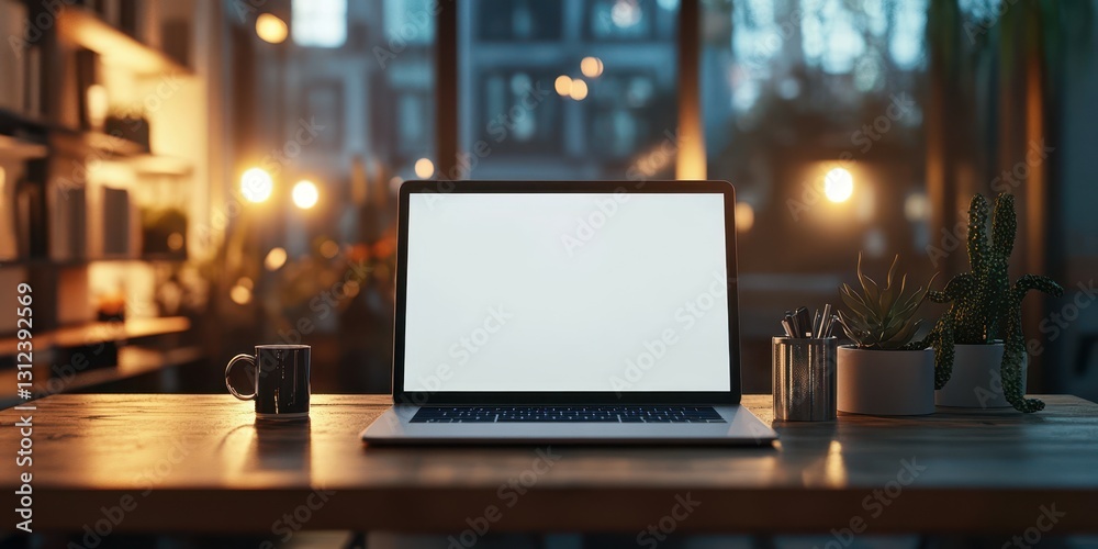 Remote workspace with a modern laptop and a cozy atmosphere in a stylish interior during the evening hours Remote workspace with a modern laptop and a cozy atmosphere in a stylish interior during the evening hours