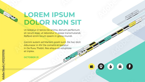 Green and yellow freight trains are moving along the rails. Isometric illustration or background for a presentation, annual report, booklet, brochure. Strokes are editable