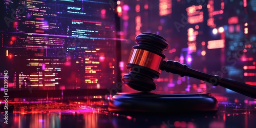 Digital courtroom setting features a gavel on a desk next to a screen displaying legal data and codes