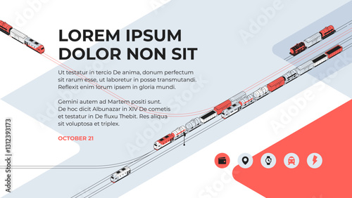 Red and gray freight trains are moving along the rails. Isometric illustration or background for a presentation, annual report, booklet, brochure. Strokes are editable