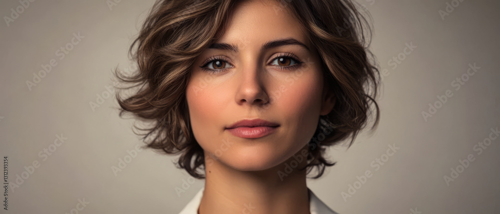 Naklejka premium Young woman with short hair gazes confidently at the camera in a neutral background