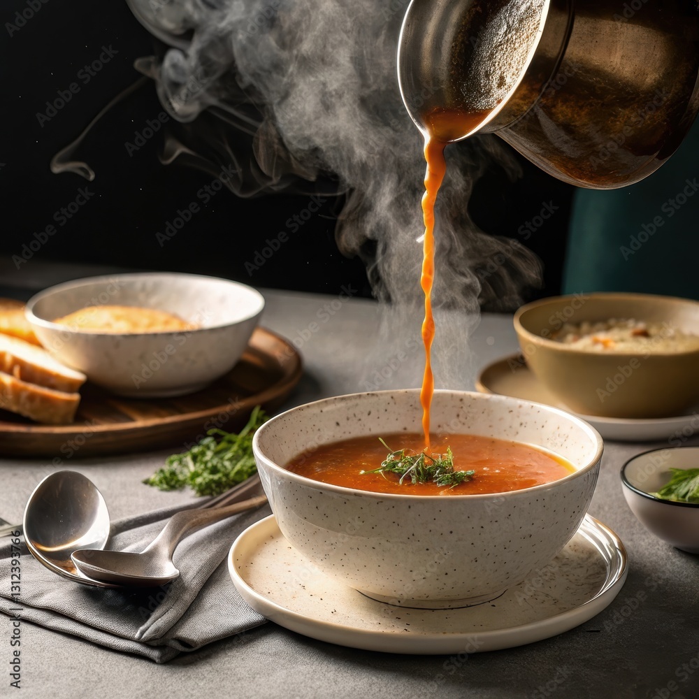 Steaming tomato soup poured into a bowl with garnishes, perfect for cozy meals and comfort food. Steaming tomato soup poured into a bowl with garnishes, perfect for cozy meals and comfort food.
