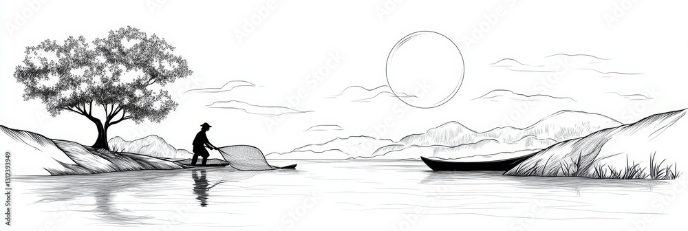 Fototapeta premium Serene Fisherman at Sunset - A peaceful sketch of a fisherman in a small boat on a calm lake, silhouetted against a setting sun and tranquil landscape