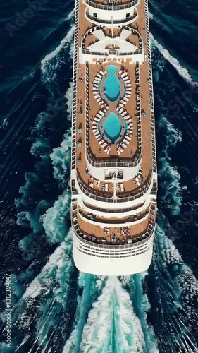 Cruise ship sailing aerial view with vibrant pools and wake trails
