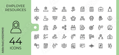 Human Resources minimal icon set. Contains such icons as meeting, collaboration, relation, person, career, corporate, office, leadership. Thin UI icon design. Minimalist vector collections.