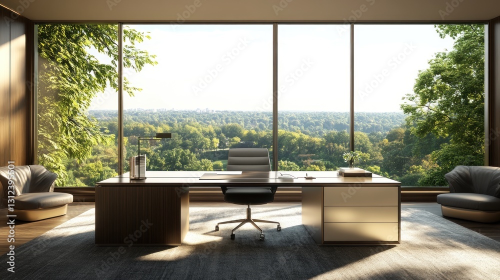Fototapeta premium Elegant modern office with a large window and scenic view