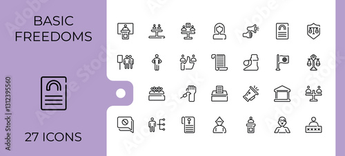 Human Rights icon set. Contains linear outline icons like discrimination, protection, hand, voting, donation and more. Simple line vector. Minimalist vector collections.