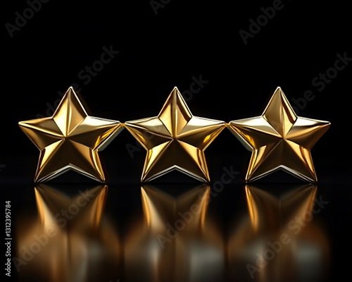 Three golden stars are positioned on a reflective black surface