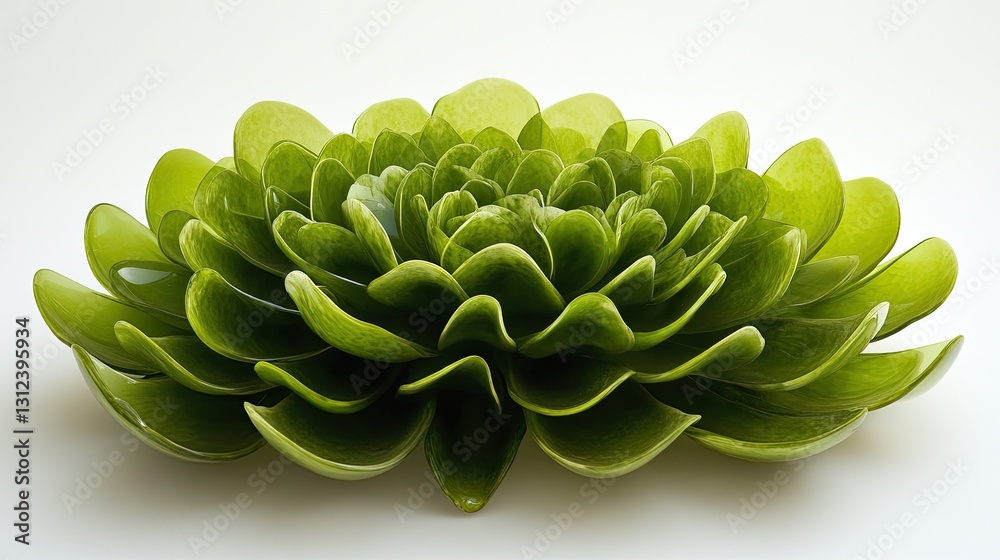 A lush green hydrangea cluster is arranged flat, its rounded petals layered, with a strong stem and leaves on white. A lush green hydrangea cluster is arranged flat, its rounded petals layered, with a strong stem and leaves on white.