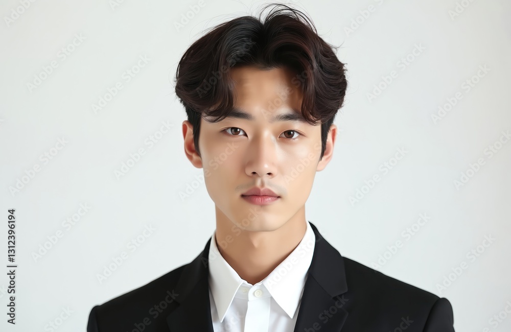 Handsome korean man in black business suit on white background. Portrait of stylish brunette guy with modern haircut. Headshot of serious confident male model in formal wear. Fashion, business Handsome korean man in black business suit on white background. Portrait of stylish brunette guy with modern haircut. Headshot of serious confident male model in formal wear. Fashion, business