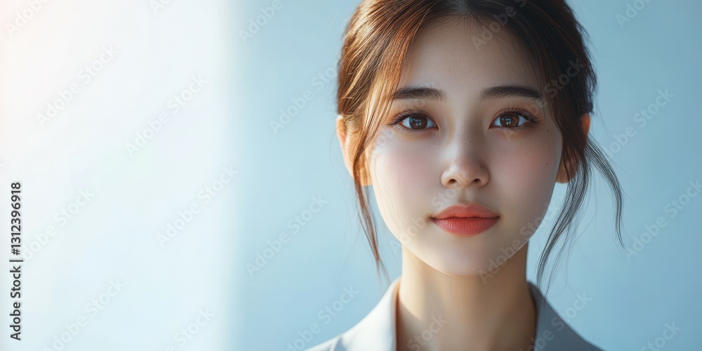 Woman with soft expression gazes directly at the camera in a bright, minimalistic setting Woman with soft expression gazes directly at the camera in a bright, minimalistic setting
