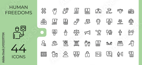 Human Rights icon set. Contains linear outline icons like discrimination, protection, hand, voting, donation and more. Simple line vector. Minimalist vector collections.