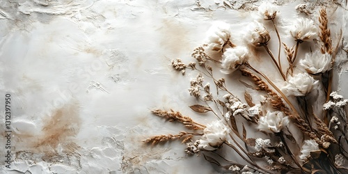 Dried flowers arrangement on textured background.  Neutral tones, autumnal feel