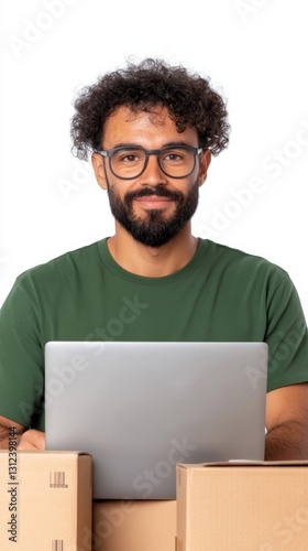 man using laptop near boxes, small business concept. ai generated