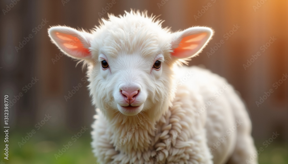Obraz premium Fluffy Easter lamb expressing innocence against rustic wooden backdrop, symbolism of spring