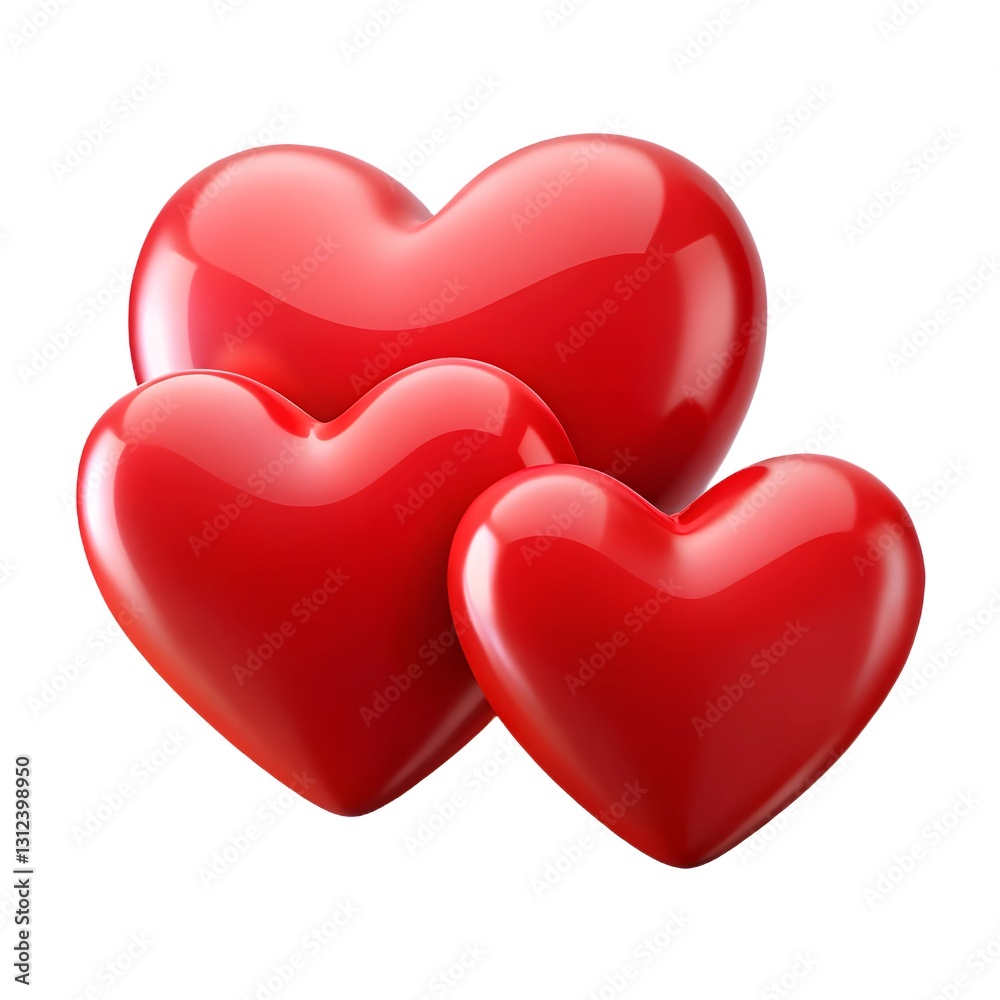 Fototapeta premium 3D Shiny Red Hearts in Three Sizes. Shiny 3D Red Hearts in Multiple Sizes. Glossy Red Hearts Set .