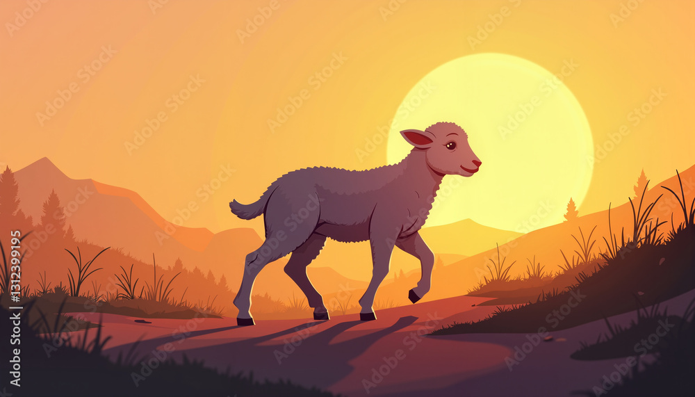 Graceful lamb walking along a dirt path at sunrise, Easter symbolism Graceful lamb walking along a dirt path at sunrise, Easter symbolism