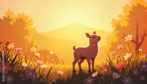 Playful lamb silhouette in scenic meadow at golden hour, Easter theme
