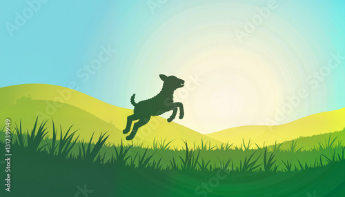 Joyful silhouette of a dog leaping in a green pasture, freedom and playfulness