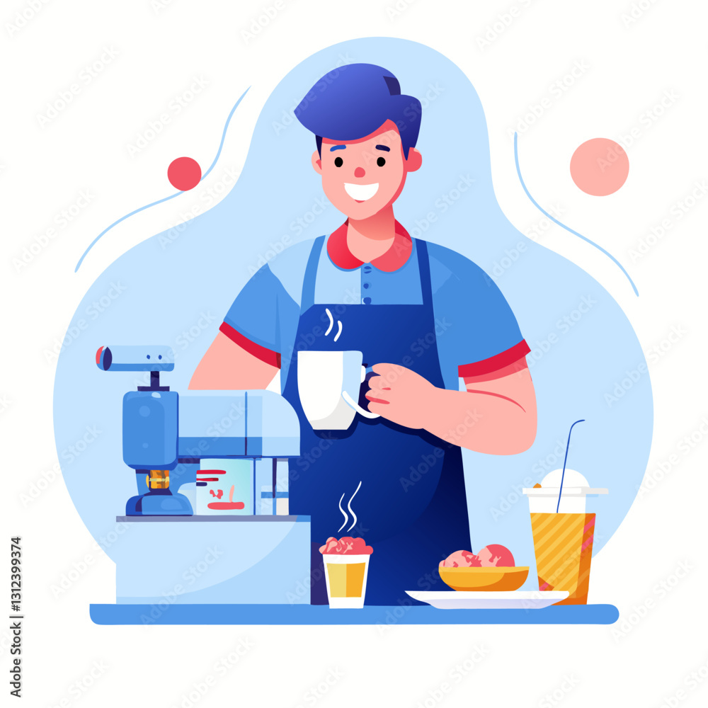 A barista making a coffee. Cartoon vector illustration on white background. A barista making a coffee. Cartoon vector illustration on white background.