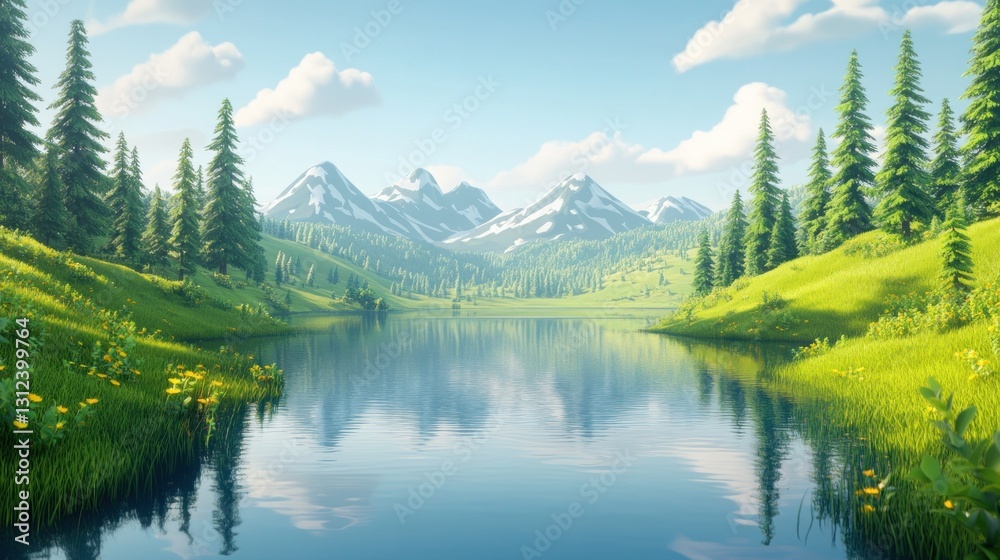 A serene lake surrounded by mountains and lush green landscapes A serene lake surrounded by mountains and lush green landscapes