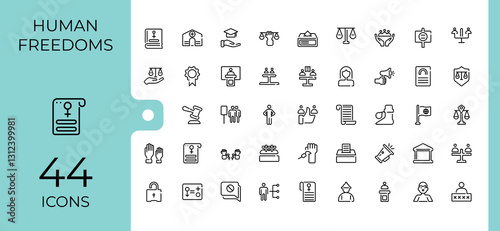 Human Rights icon set. Contains linear outline icons like discrimination, protection, hand, voting, donation and more. Simple line vector. Minimalist vector collections.