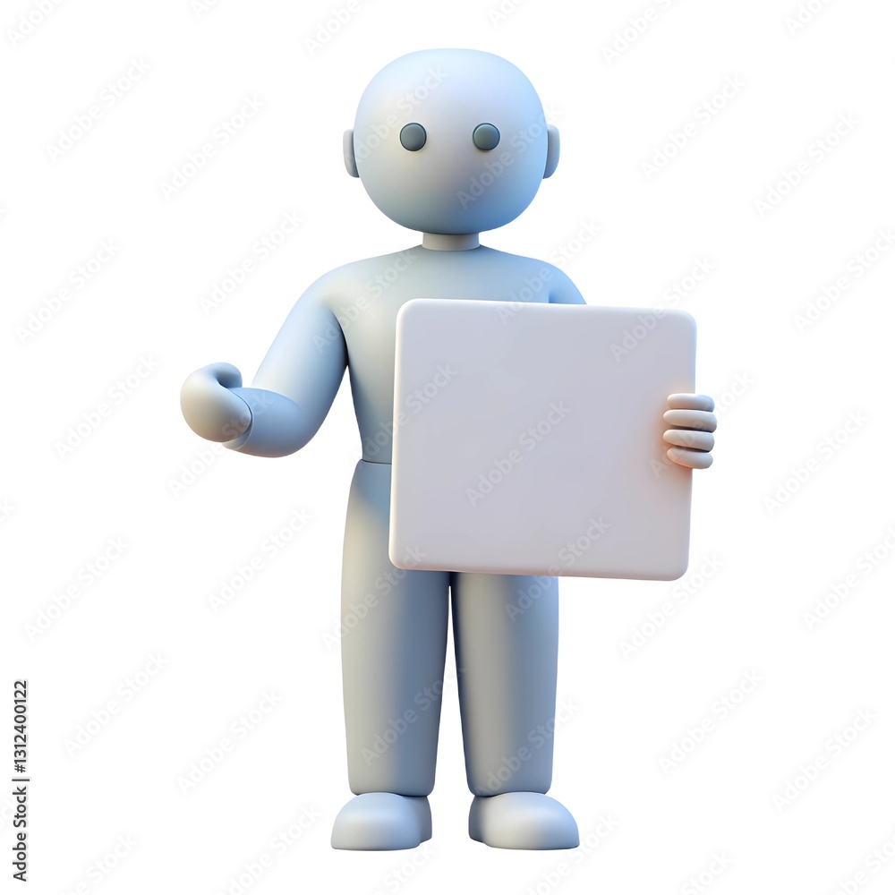 3D Character Holding a Blank Sign. 3D Figure with Empty Signboard.