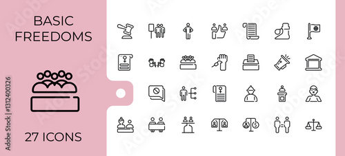 Human Rights icon set. Contains linear outline icons like discrimination, protection, hand, voting, donation and more. Simple line vector. Minimalist vector collections.