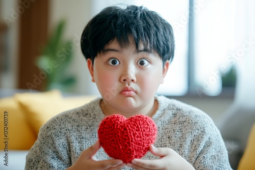 Small knitted heart in hands is a gift. Cute valentine's day greeting from begging eyes face chubby asian high schooler boy. February romance. Valentineâ€™s emotional moment. Home cuddles. photo